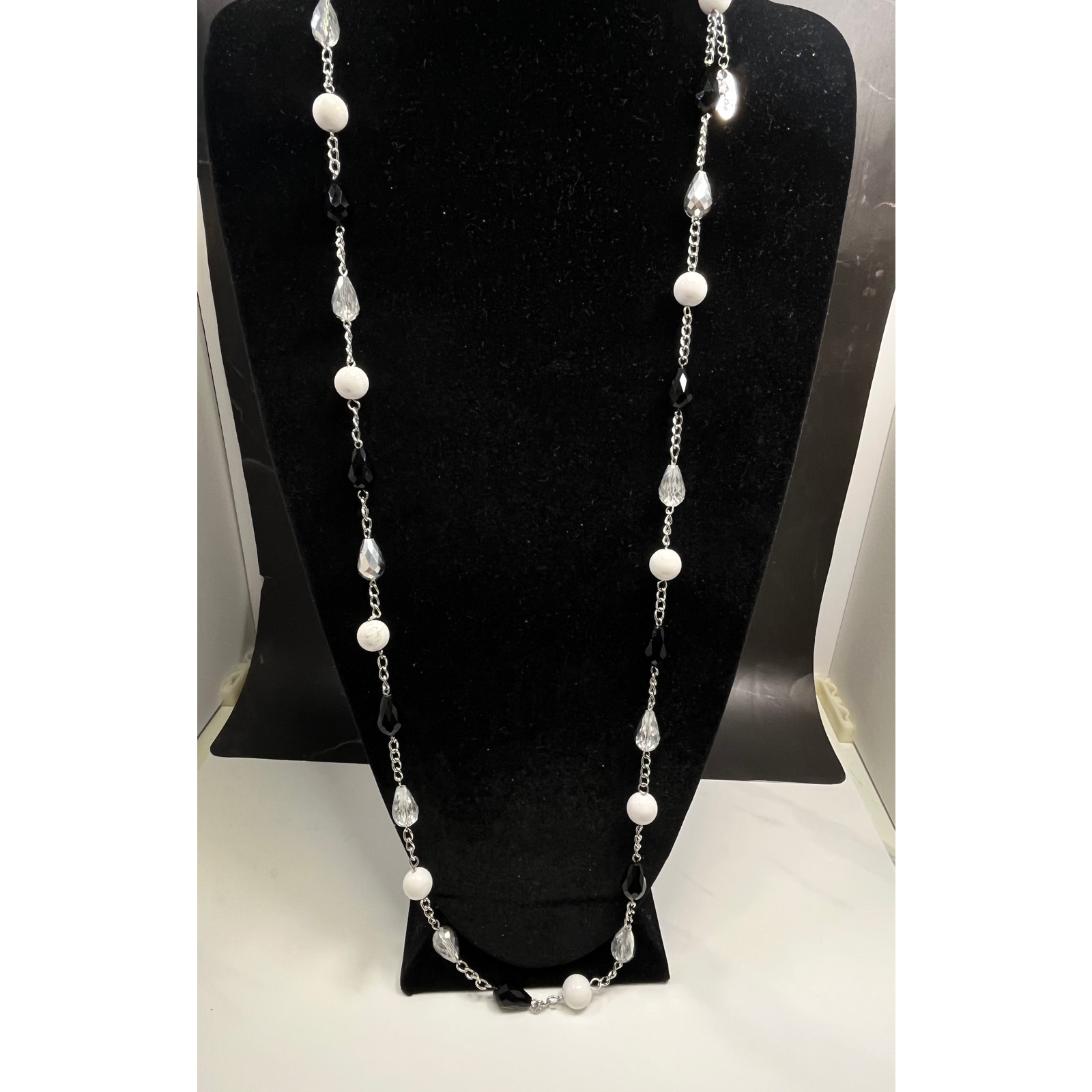 Jules Black ,White, Silver Tone Bead Statement Long Necklace Fashion Jewelry